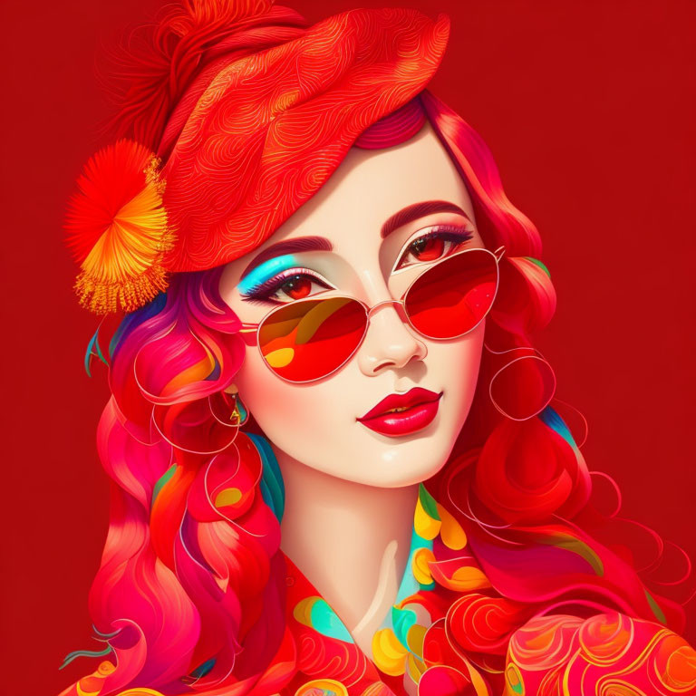 Colorful illustration of woman with rainbow hair, red beret, sunglasses on red background