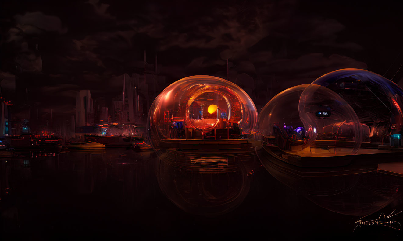 Futuristic cityscape at night with glowing domes and neon lights