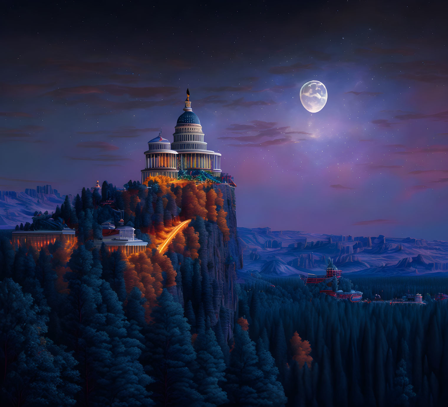 Night Scene: Capitol-like Building on Cliff Surrounded by Forests, Full Moon, Starry Sky