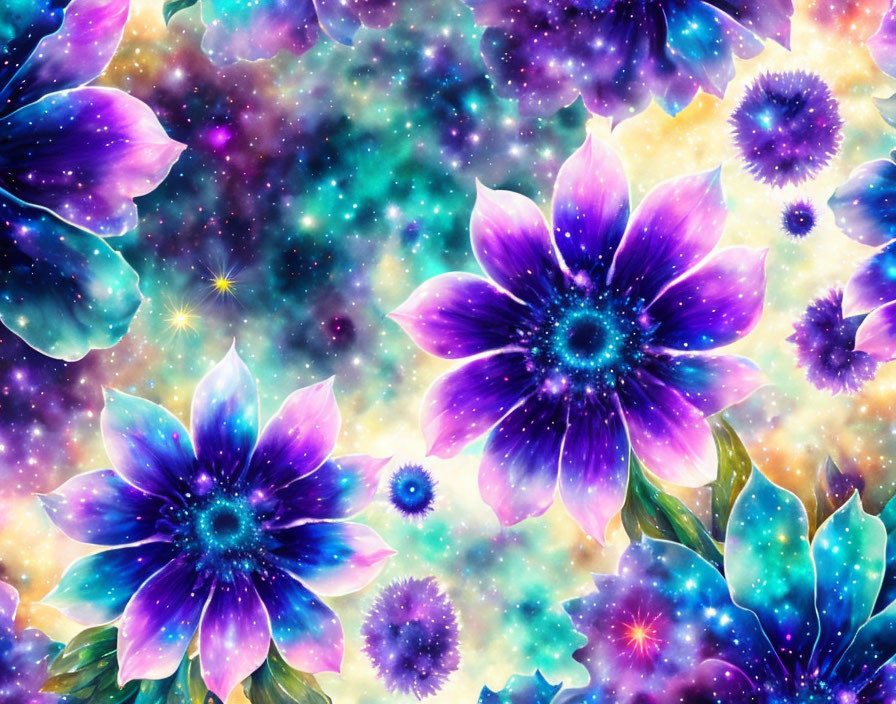 Neon-colored flowers in cosmic space scene