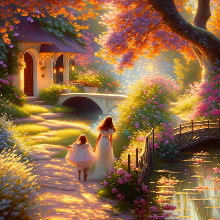 Vibrant flowers and bridge in magical landscape with two individuals