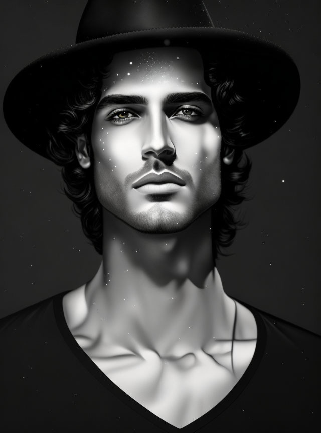 Monochrome digital portrait of a man with wavy hair in a hat adorned with stars.