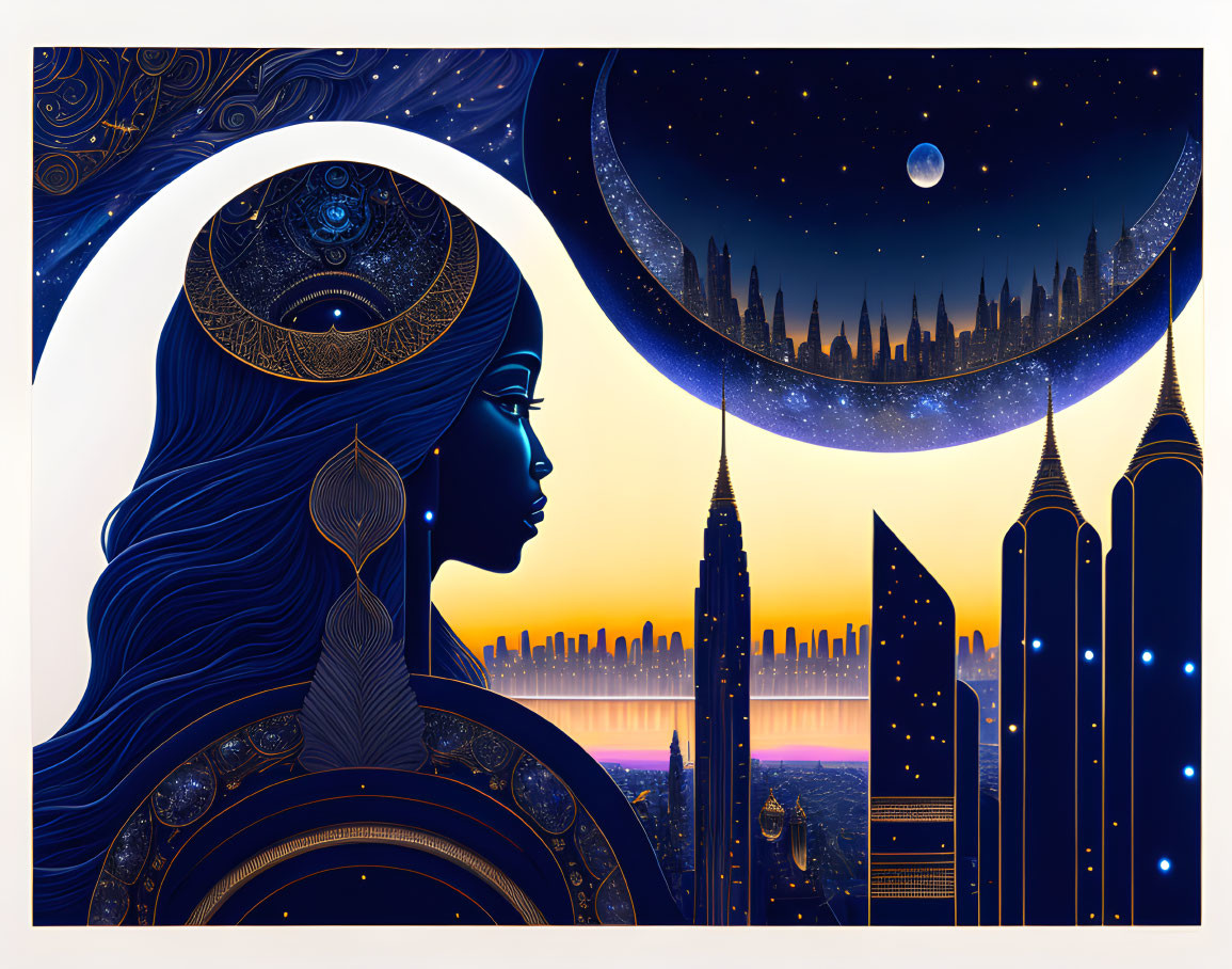 Stylized woman profile illustration with intricate designs, crescent moon, cityscape, and starry