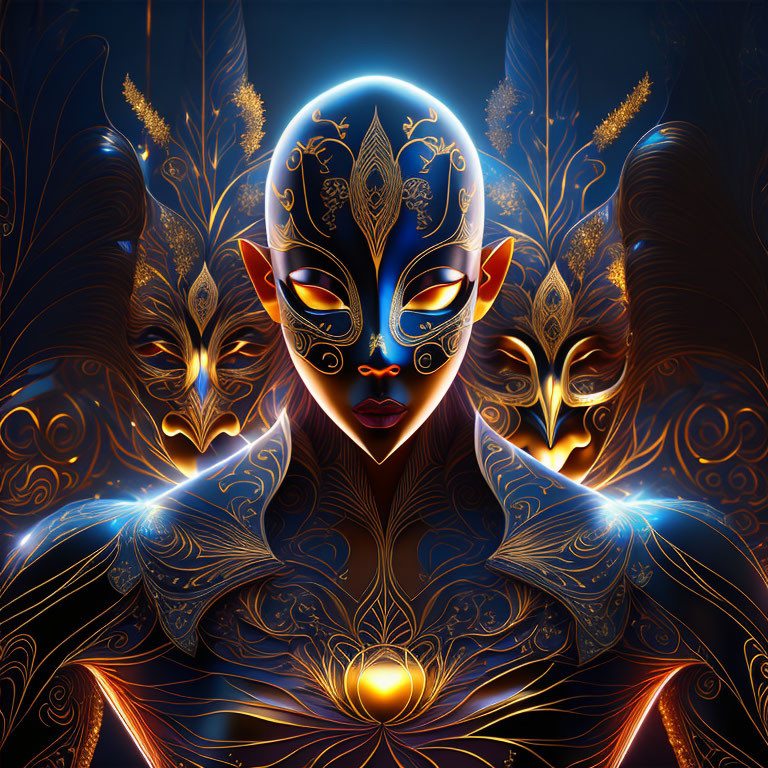 Mystical digital artwork of female figure with decorative mask and ornate patterns in blue and gold tones