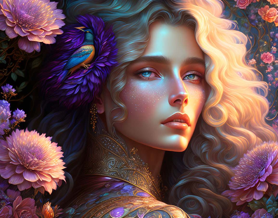 Portrait of a Woman with Blond Hair, Blue Eyes, Peacock Feather, and Flowers