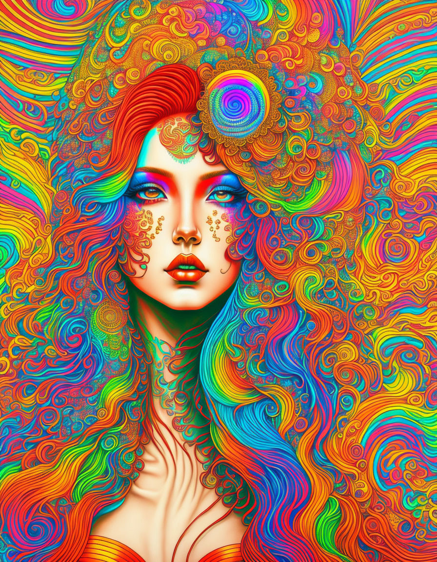 Colorful portrait of stylized woman with intricate designs on swirling patterns, set against psychedelic backdrop