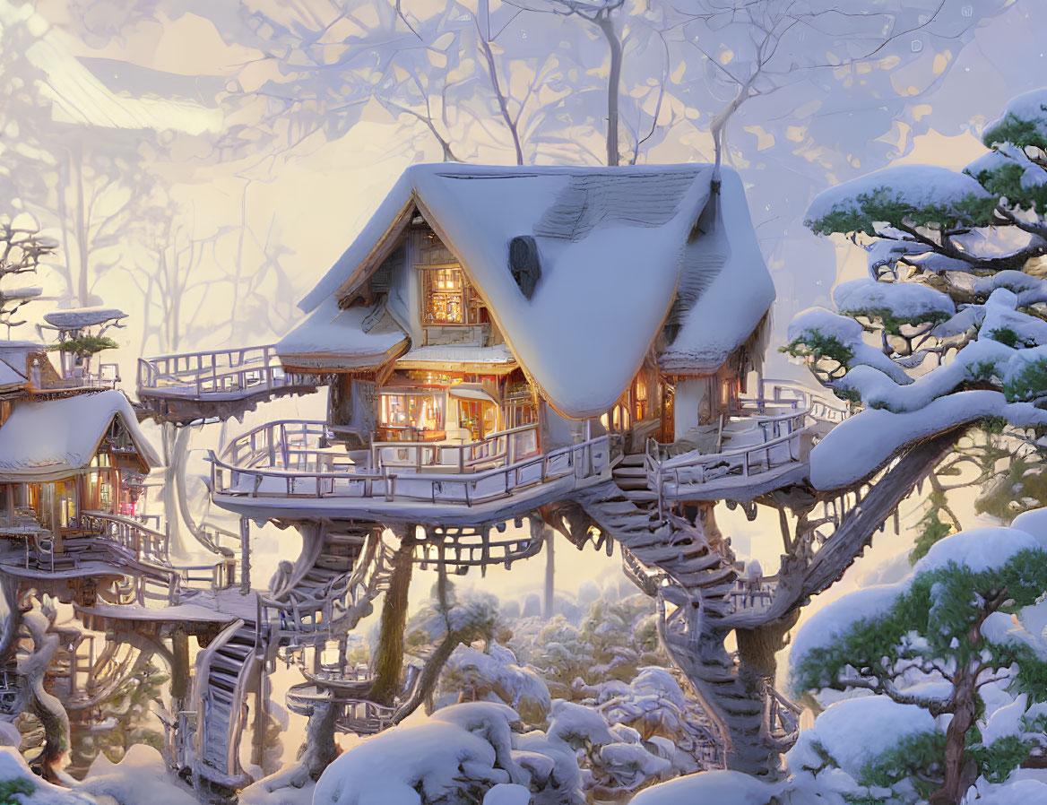 Snow-covered treehouse in serene winter forest at dusk