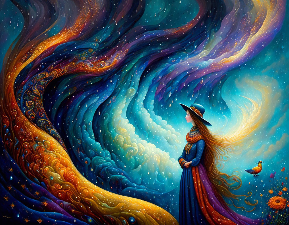 Woman in Blue Dress and Hat in Surreal Cosmic Landscape with Bird