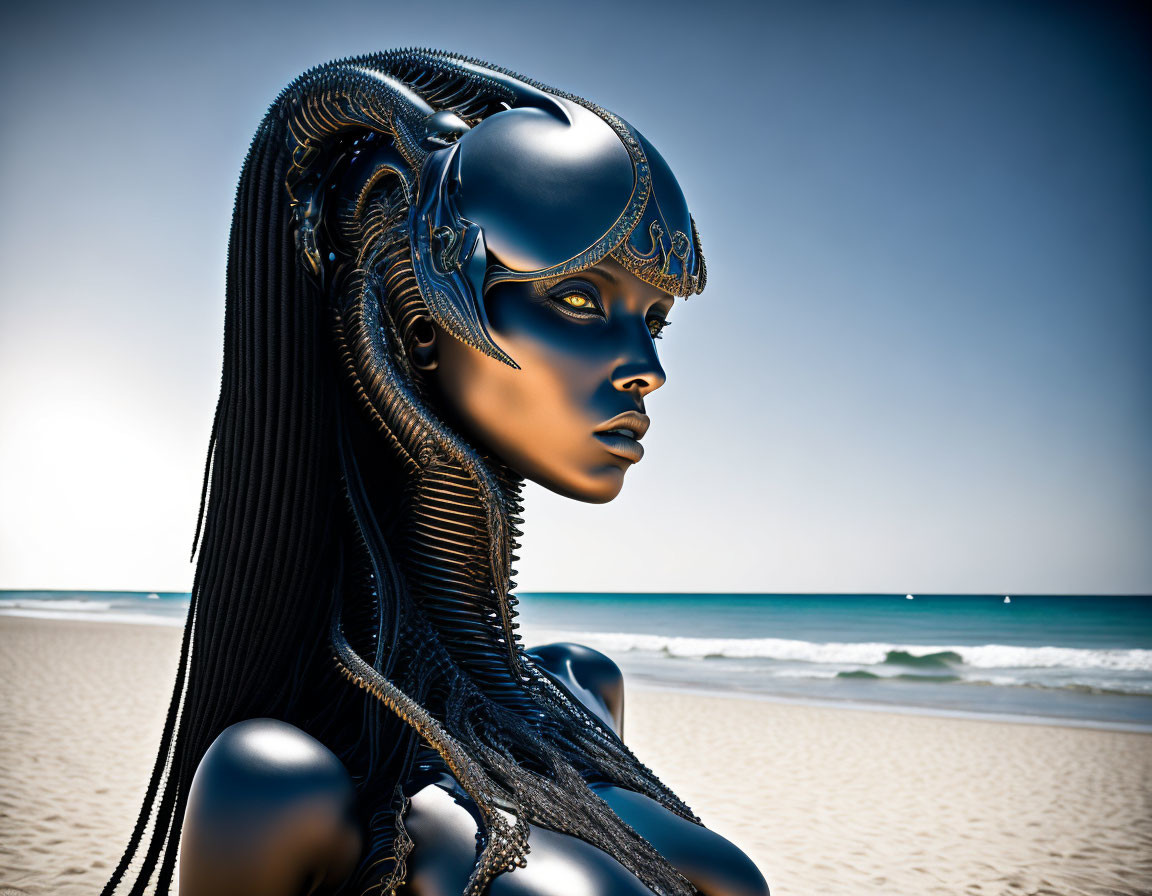 Futuristic female android with intricate headgear on serene beach