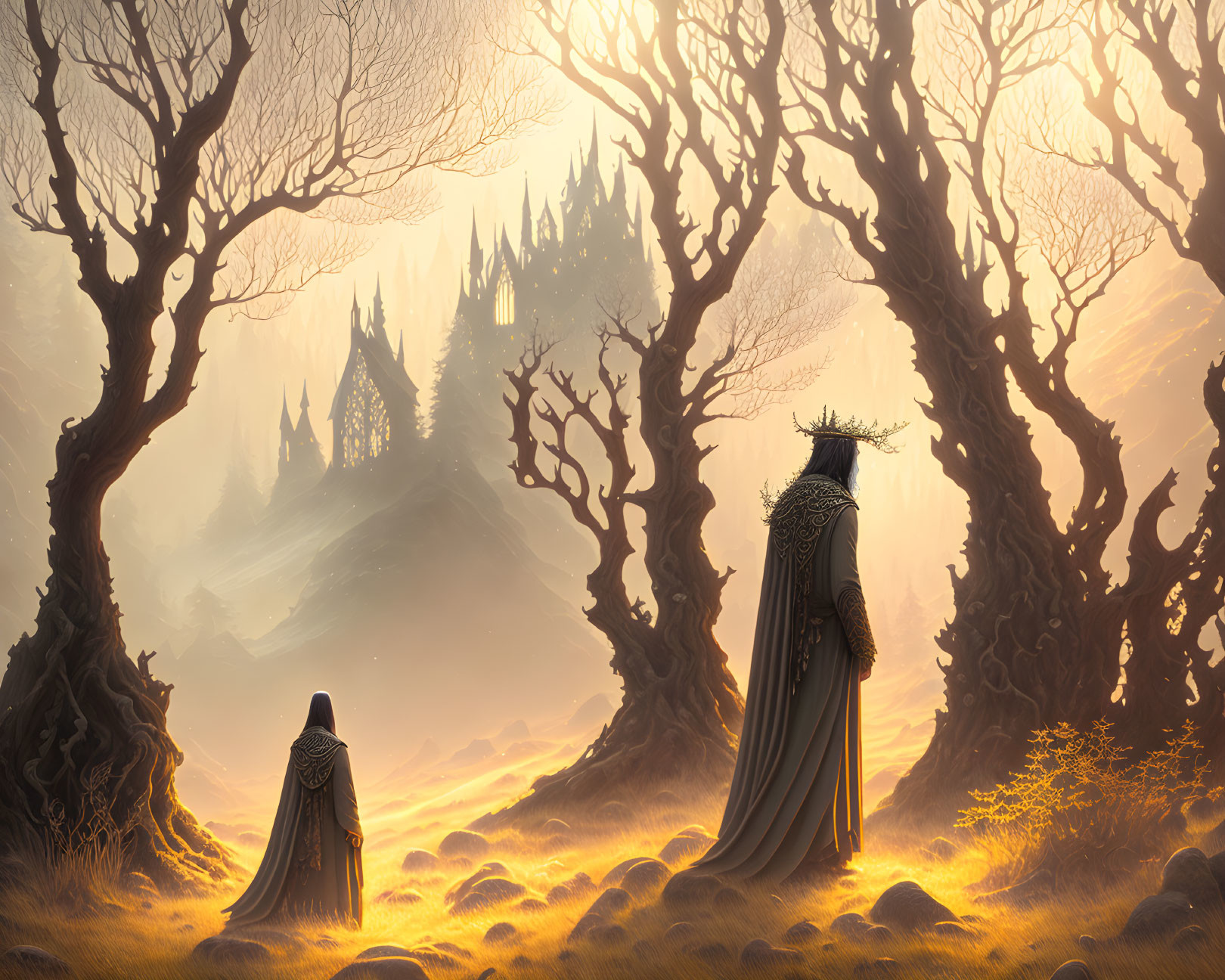 Cloaked figures in misty forest with gothic castle