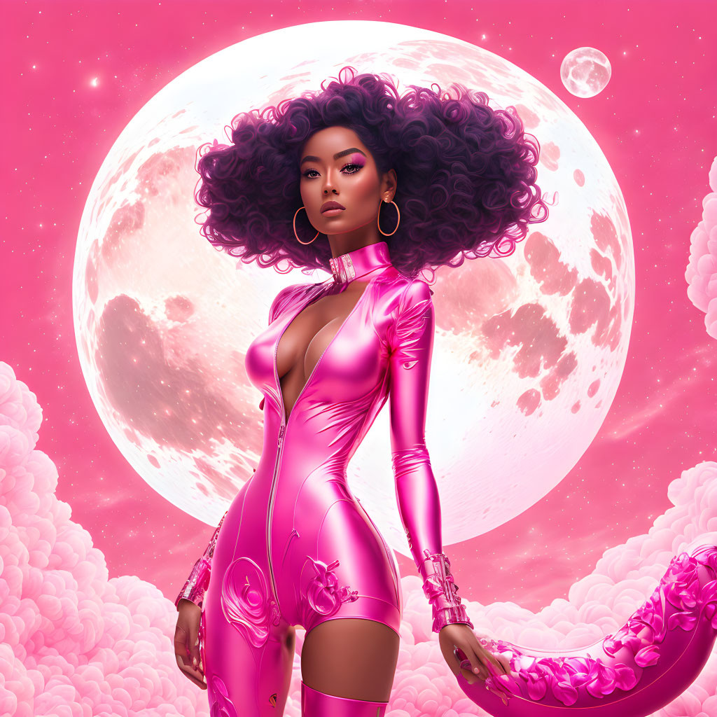 Futuristic woman with curly hair in pink bodysuit on pink clouds and moons