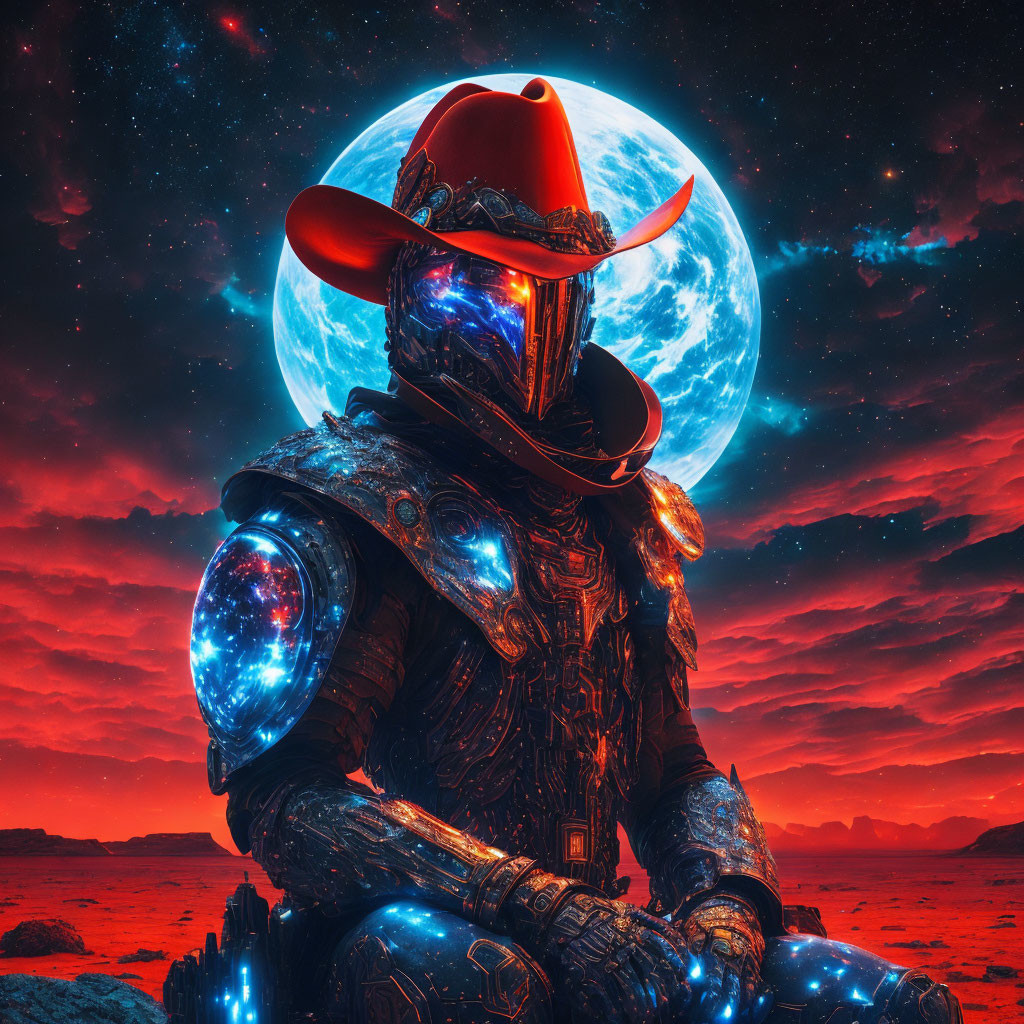 Futuristic cowboy in armor under large moon on red alien landscape