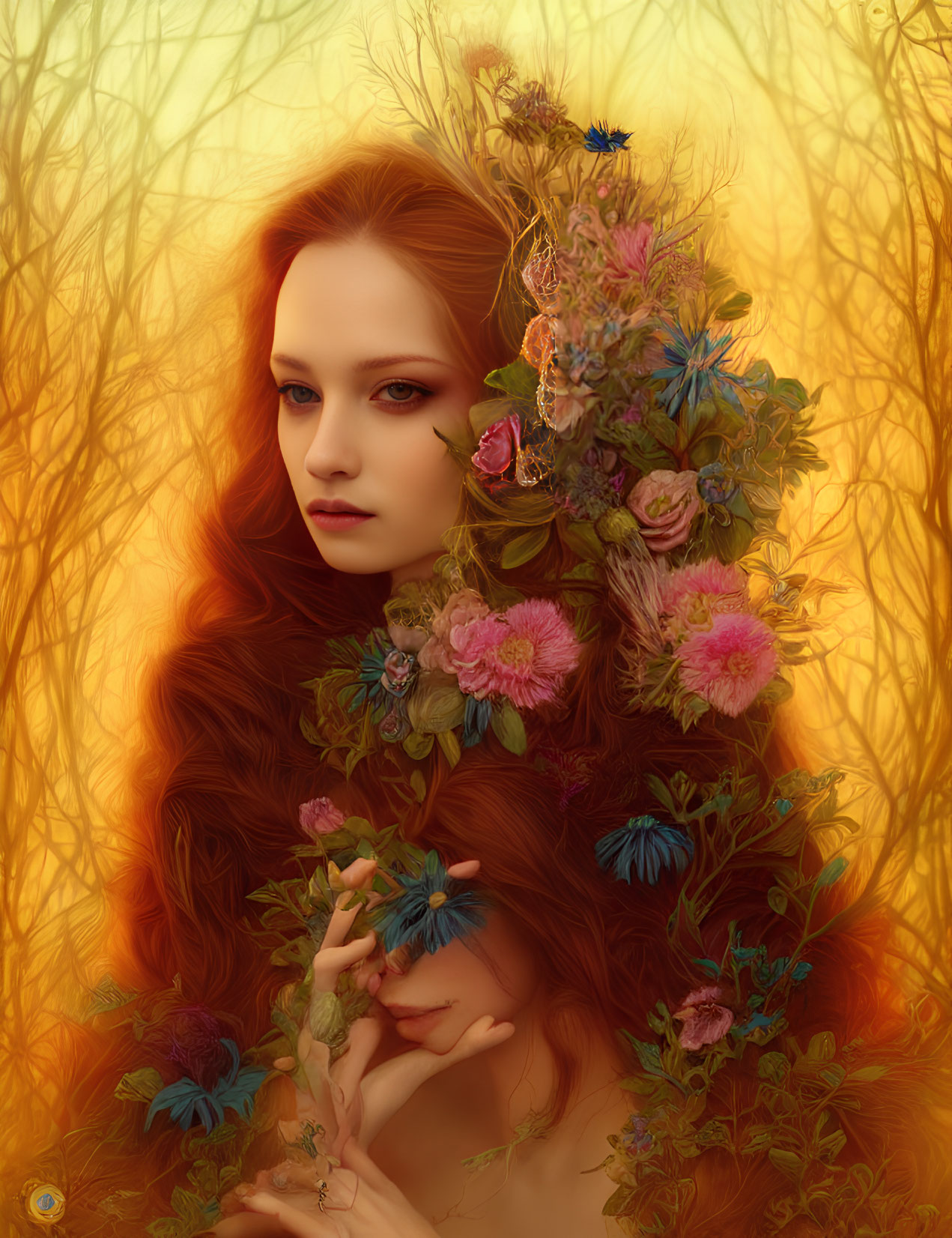 Vibrant digital portrait of a woman with red hair and floral background