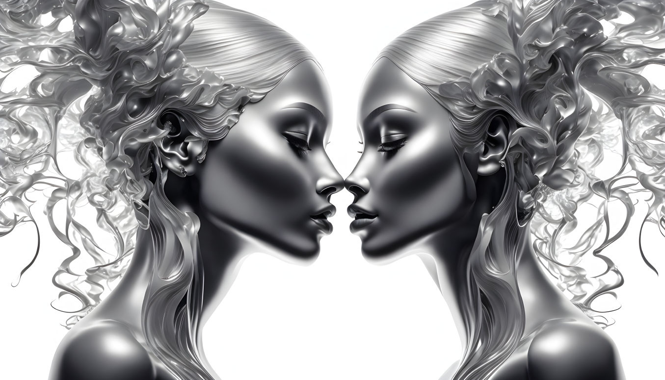 Symmetrical monochrome digital art of elegant female figures with elaborate hair designs