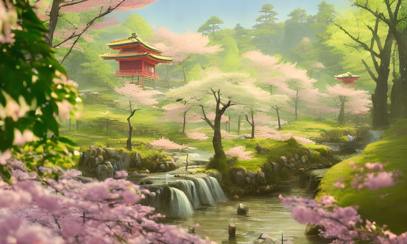 Tranquil Cherry Blossom Landscape with Pagodas