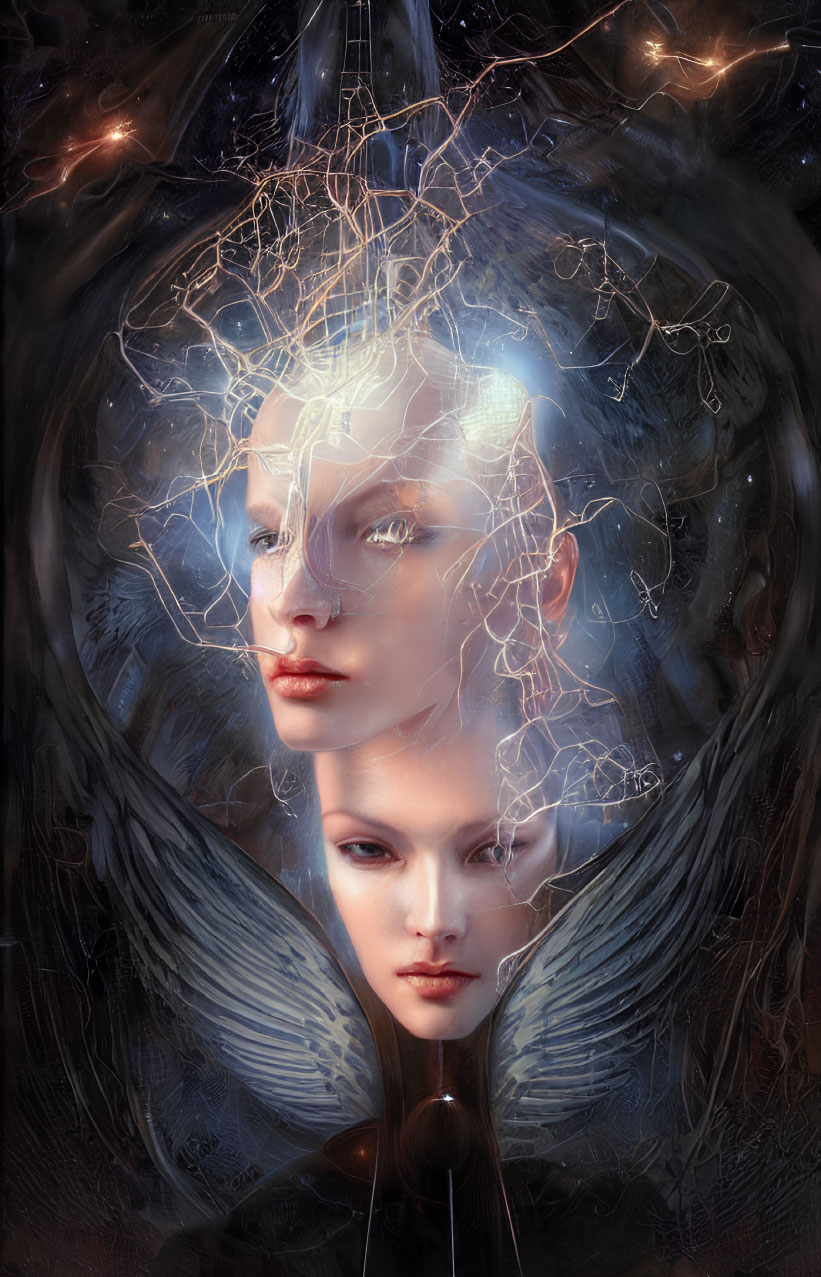 Ethereal dual faces with wings and fractal light motif