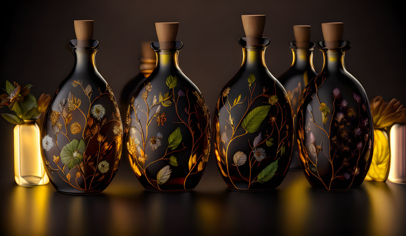 Five Ornate Glass Bottles with Botanical Designs on Dark Background