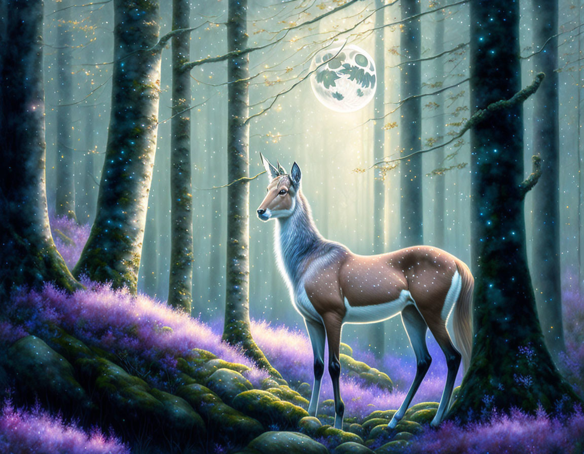 Majestic deer in ethereal moonlit forest with purple flora