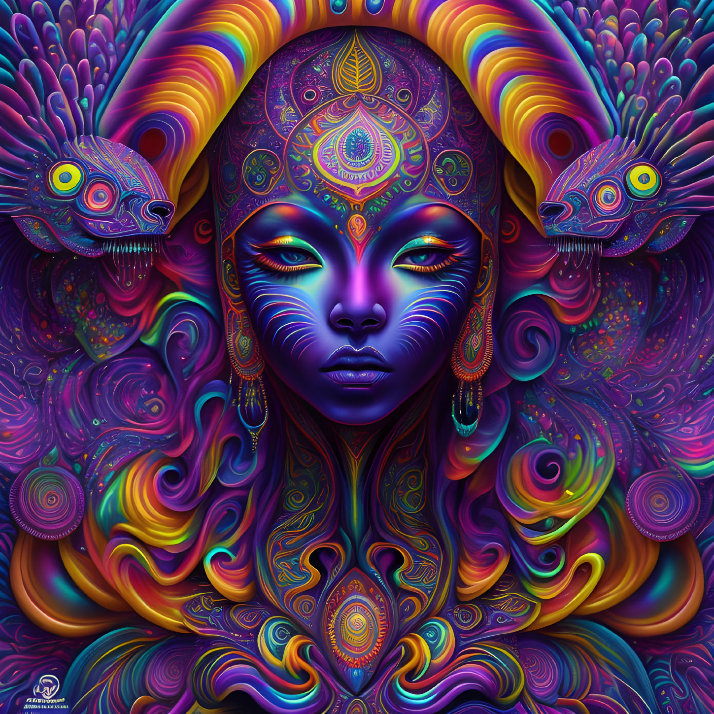 Colorful psychedelic artwork of woman's face with intricate patterns and creatures