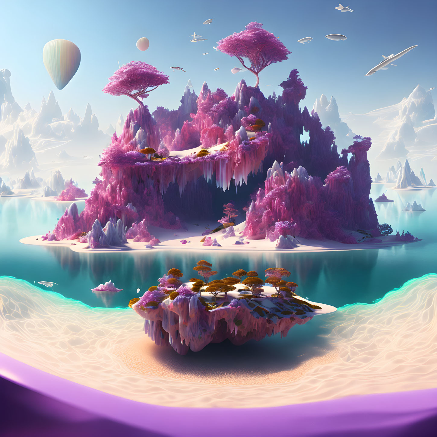 Vibrant pink vegetation on floating islands with serene lake and paper airplanes.