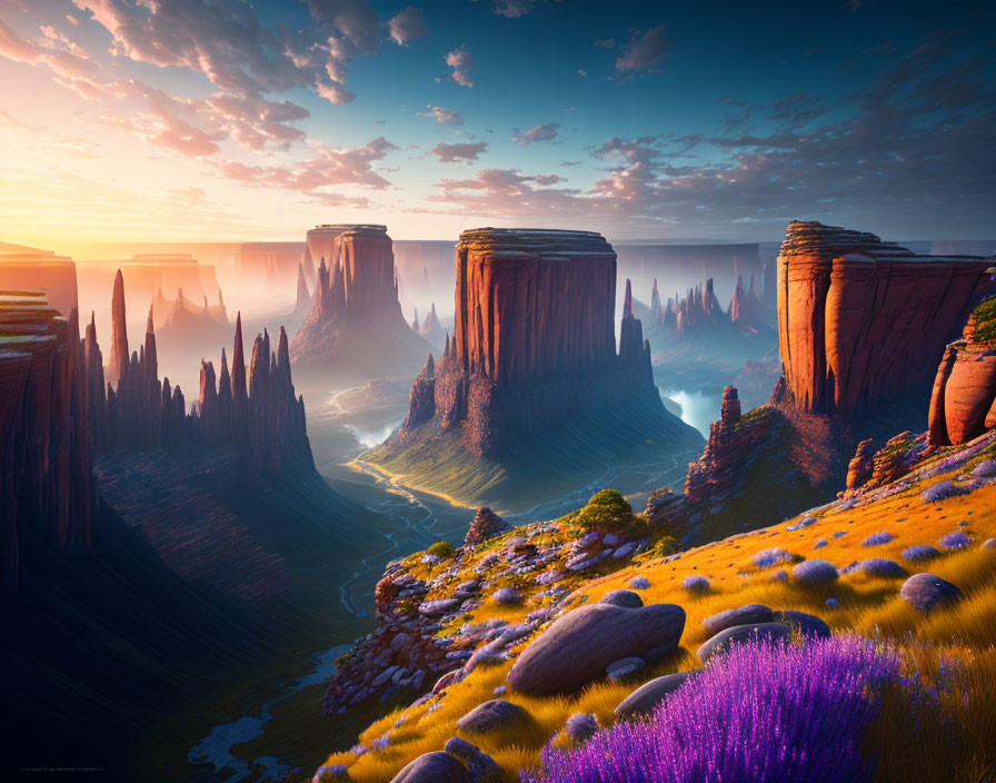 Desert landscape at sunset with rock formations, river, and purple flora