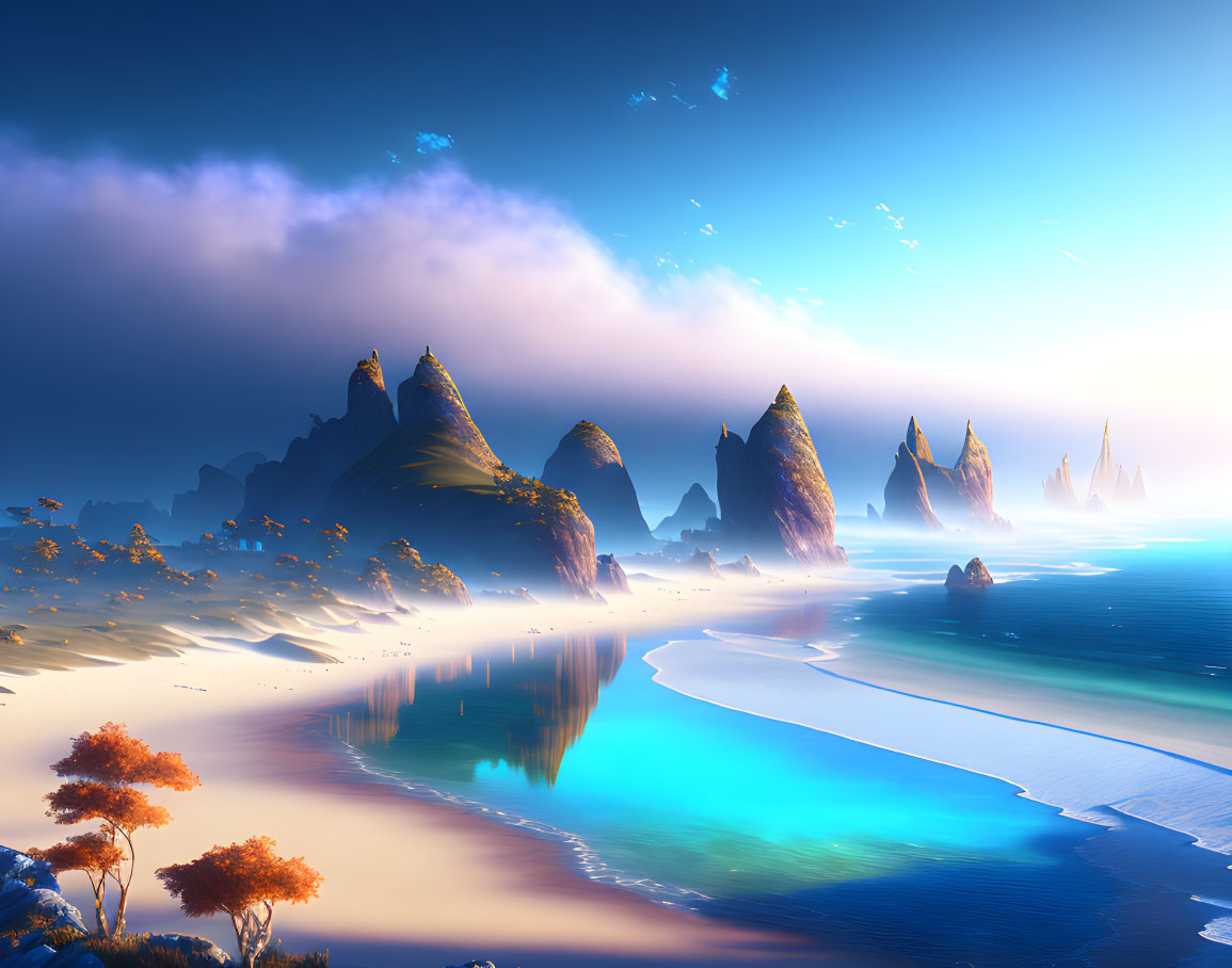 Tranquil digital art landscape: misty mountains, sandy beach, blue waters, orange trees under