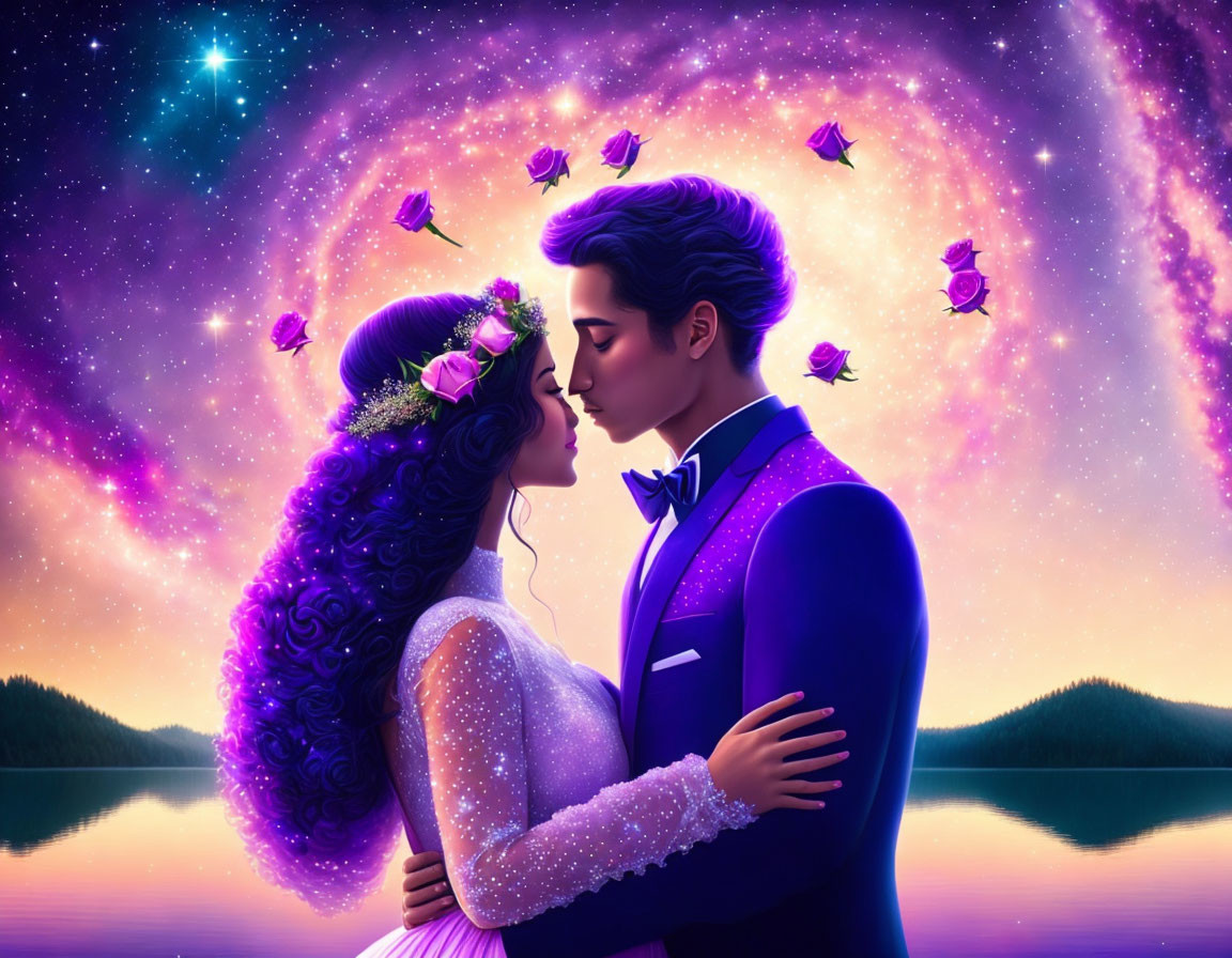 Illustration of couple kissing in cosmic setting with roses.