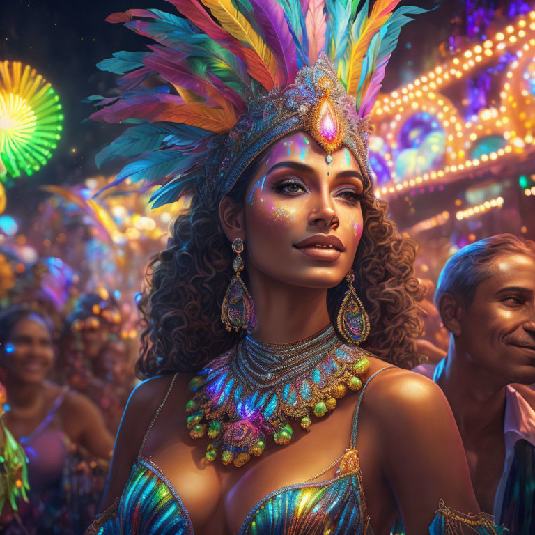 Colorful woman in carnival attire with feathered headdress and bejeweled costume in lively crowd