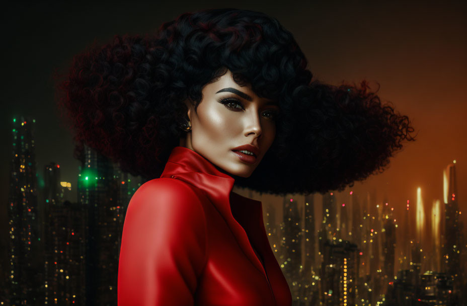 Voluminous Curly Hair Woman in Red Jacket Night Cityscape