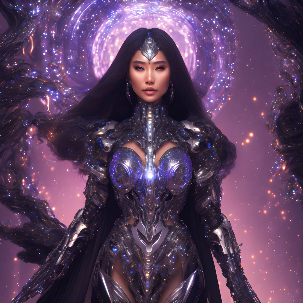 Futuristic warrior woman in intricate sci-fi armor against swirling galaxy backdrop