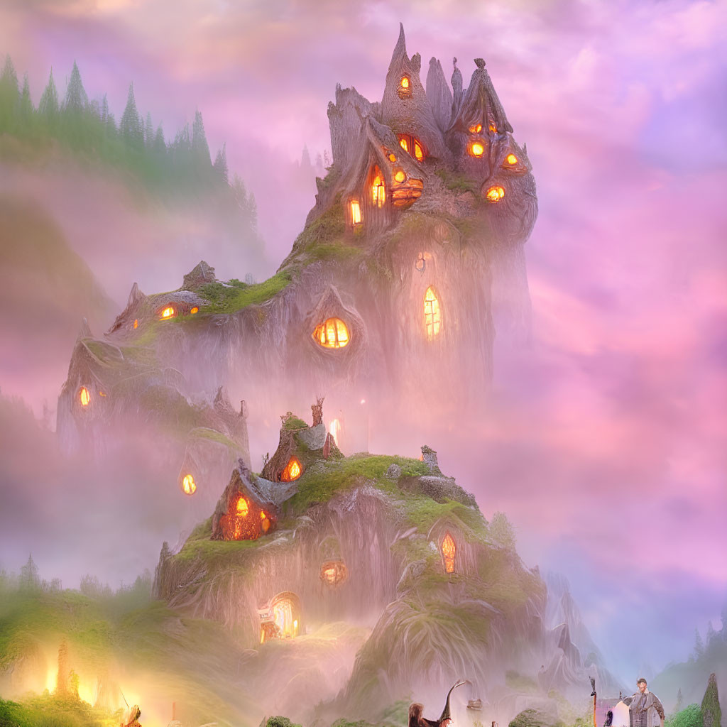 Mountain village at dusk with cozy homes and pink fog gathering.