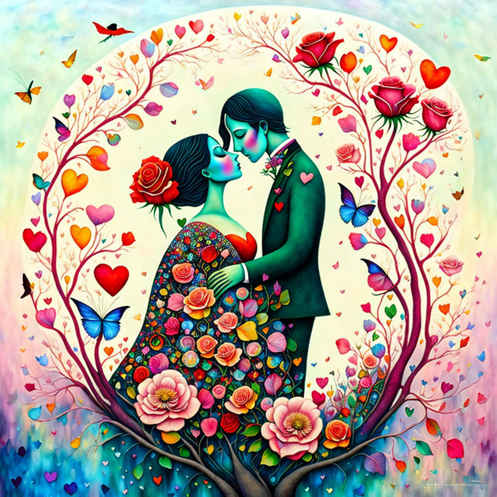 Colorful Couple Embracing Surrounded by Floral Arch and Butterflies