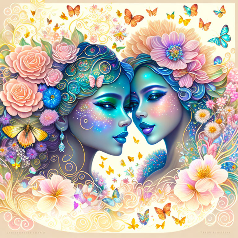 Stylized female faces with colorful flowers and butterflies.