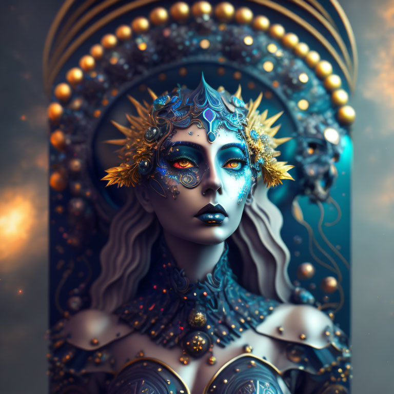 Blue-skinned figure in golden headdress and armor on celestial backdrop