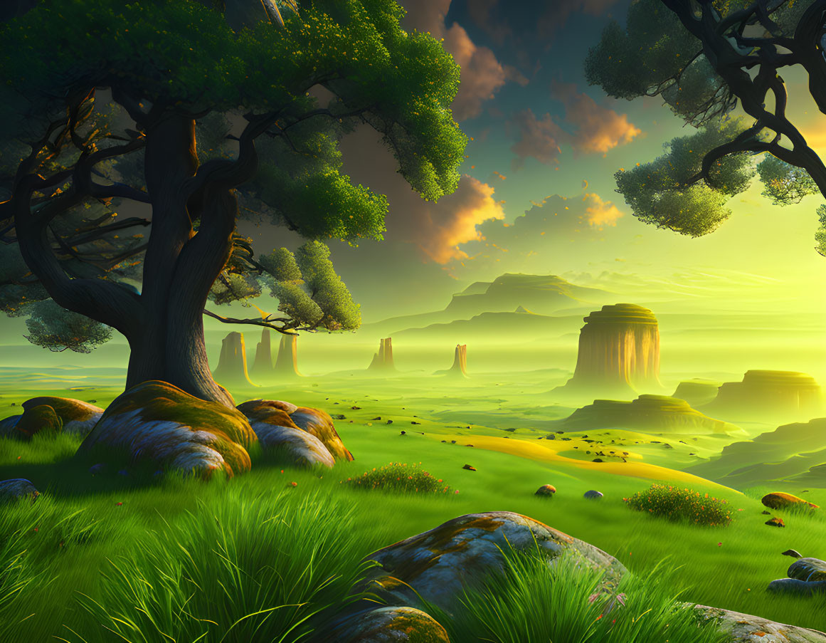 Fantastical landscape with towering rock formations and lush greenery