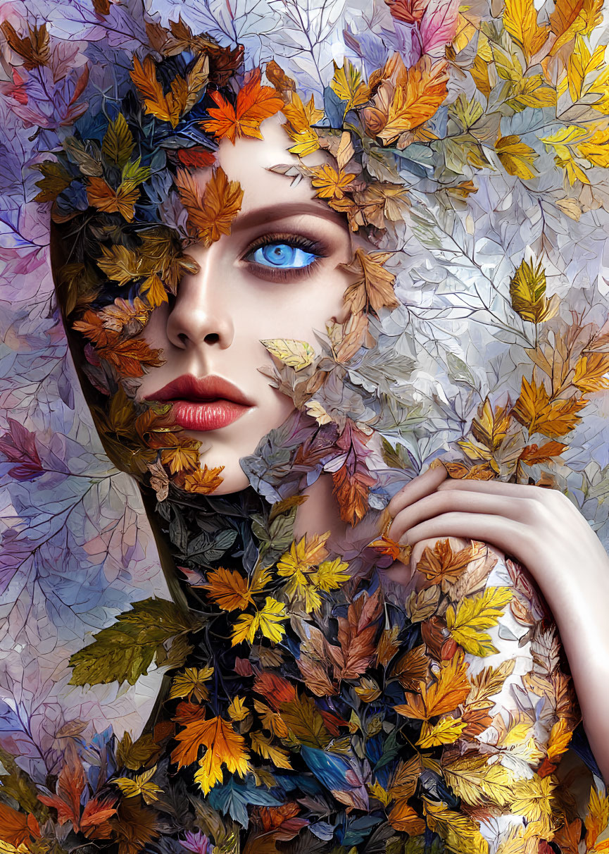 Colorful Autumn Leaves Surround Woman with Striking Blue Eyes