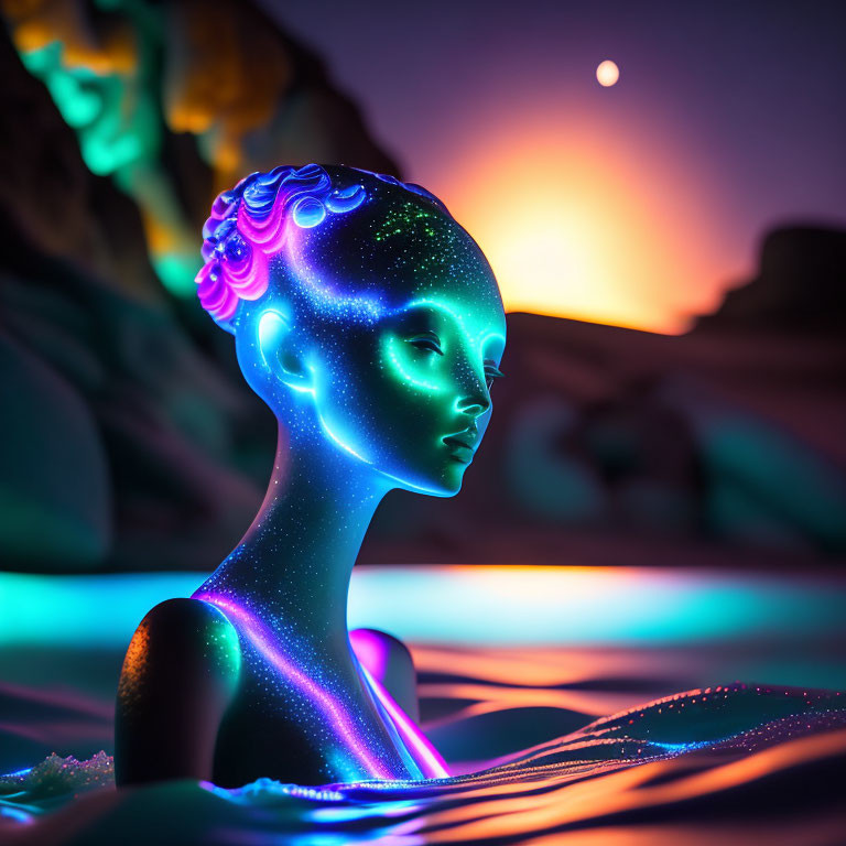 Neon star figure emerges from serene water at dusk