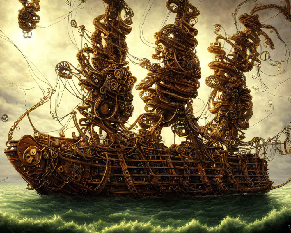 Intricate steampunk ship sailing on tumultuous sea