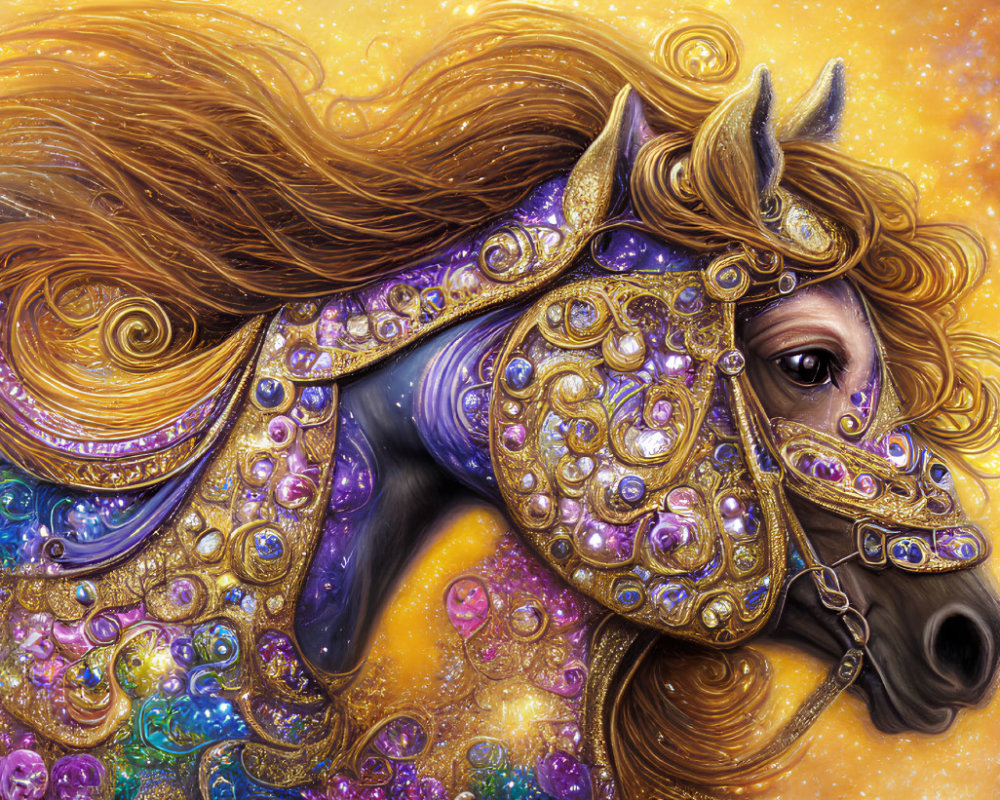 Majestic horse illustration with jewel-encrusted bridle & cosmic background