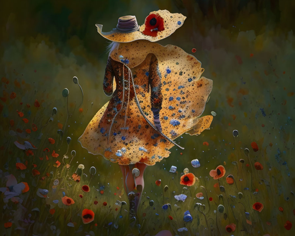 Person merged with whimsical flower in vibrant poppy field.