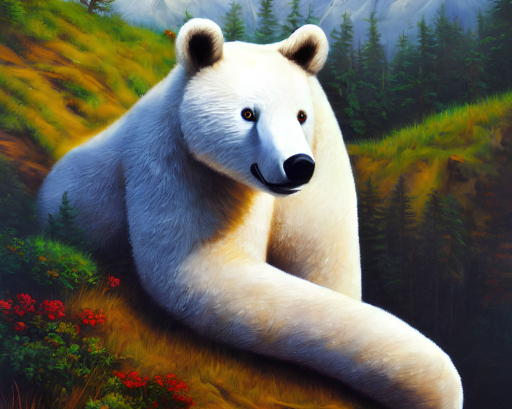 Serene white bear in colorful wilderness with mountains and red flowers