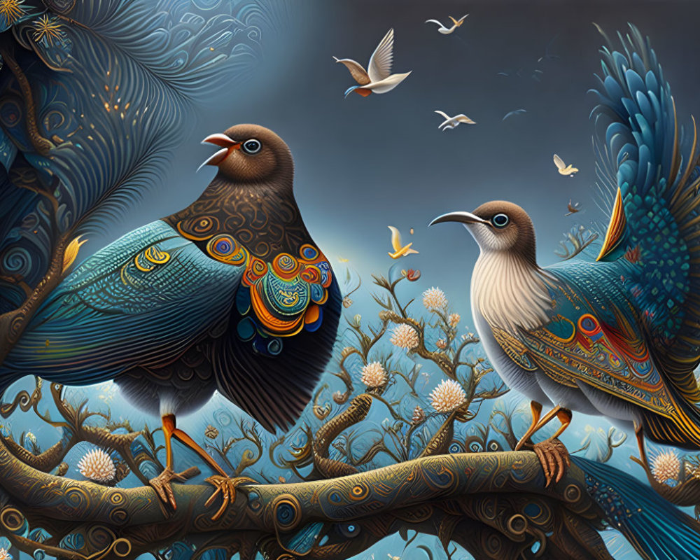 Ornate peacock-like birds on fanciful tree in digital art