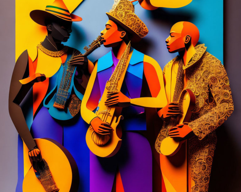 Colorful Stylized Figures Playing Musical Instruments in Vibrant Patterns