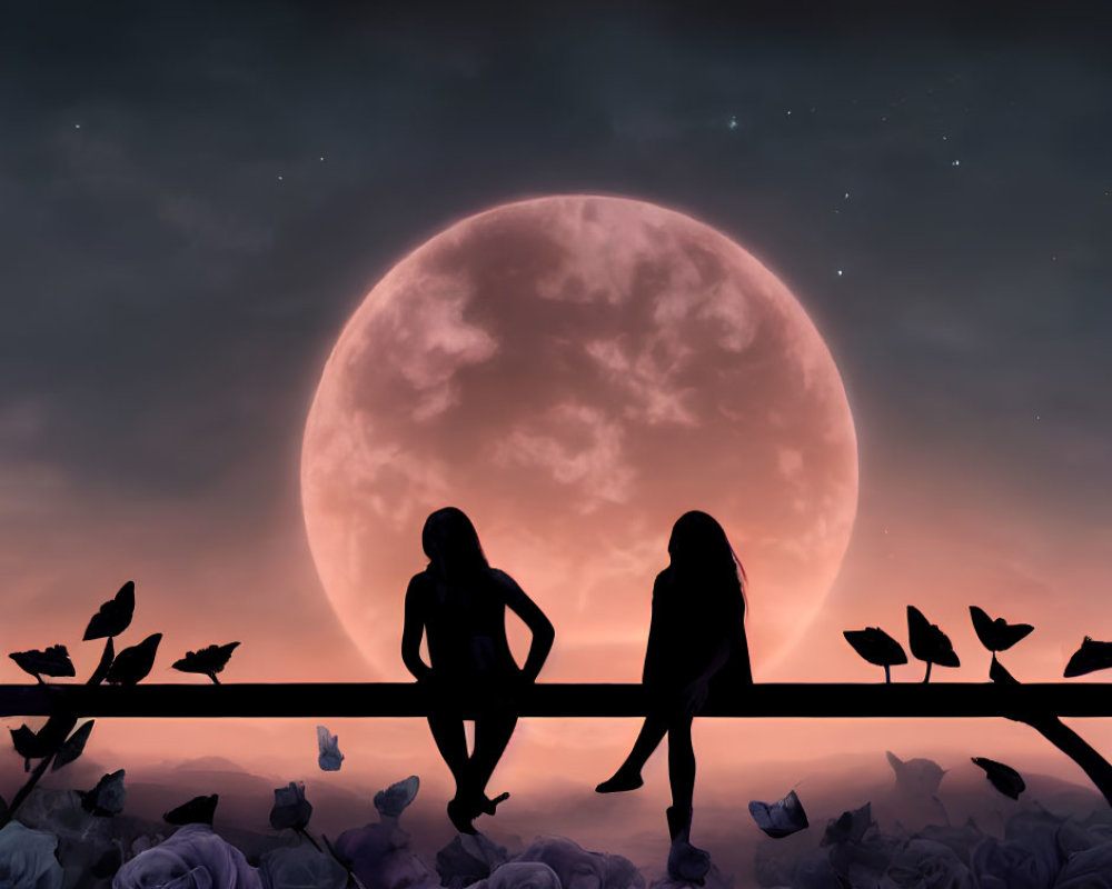 Silhouetted figures on fence under large reddish moon with birds and roses.