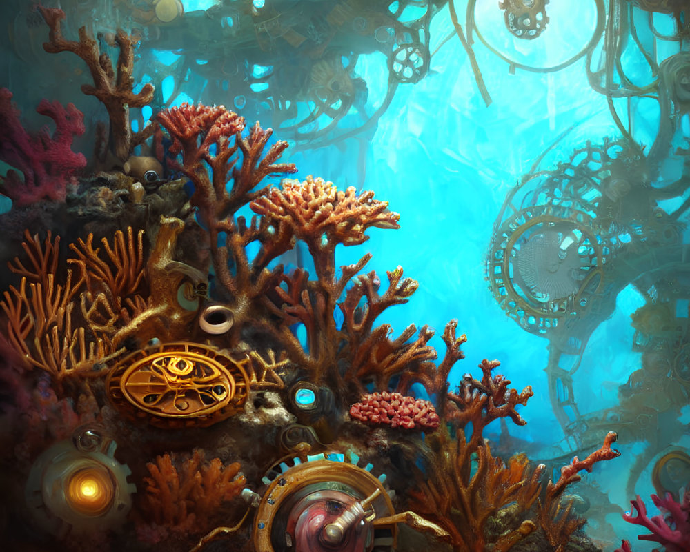 Steampunk-themed underwater scene with coral, gears, submarine, and glowing orbs