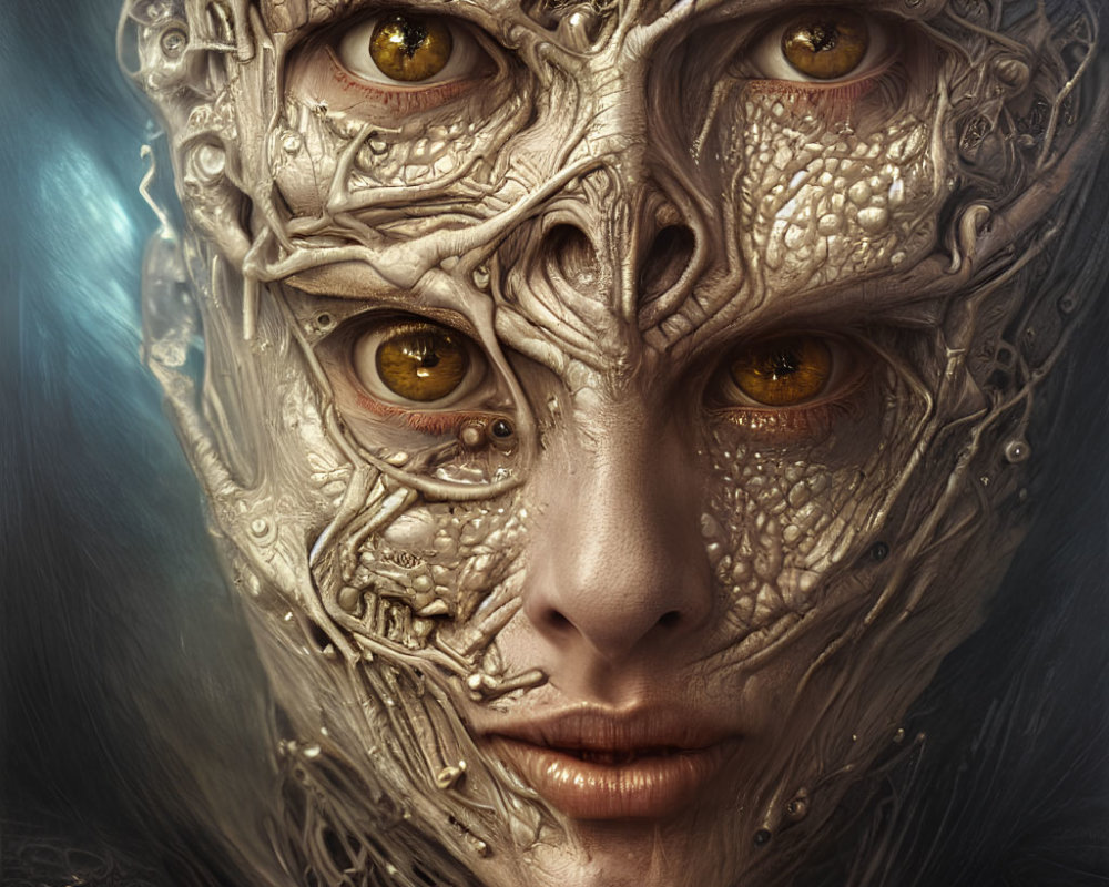 Close-Up of Person with Metallic Mask and Yellow Eyes