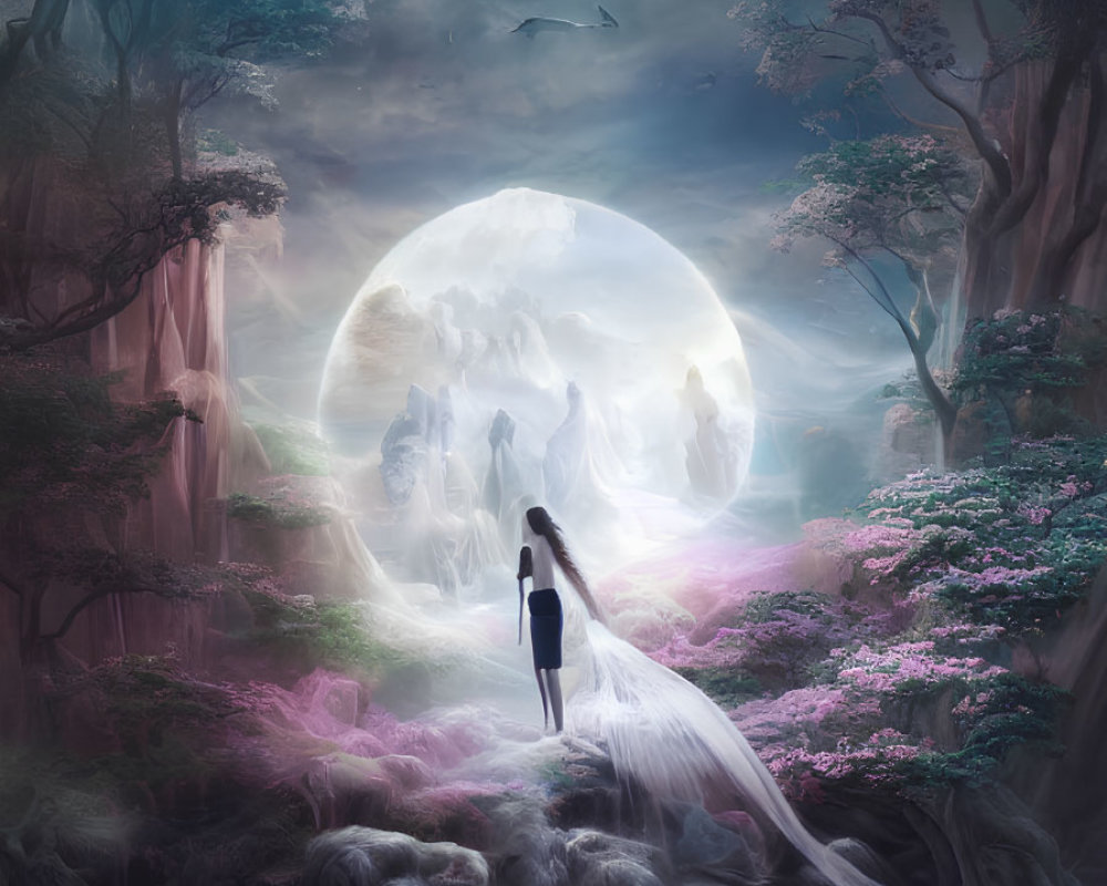 Person standing before mystical oversized moon in ethereal forest with blooming flowers under twilight sky