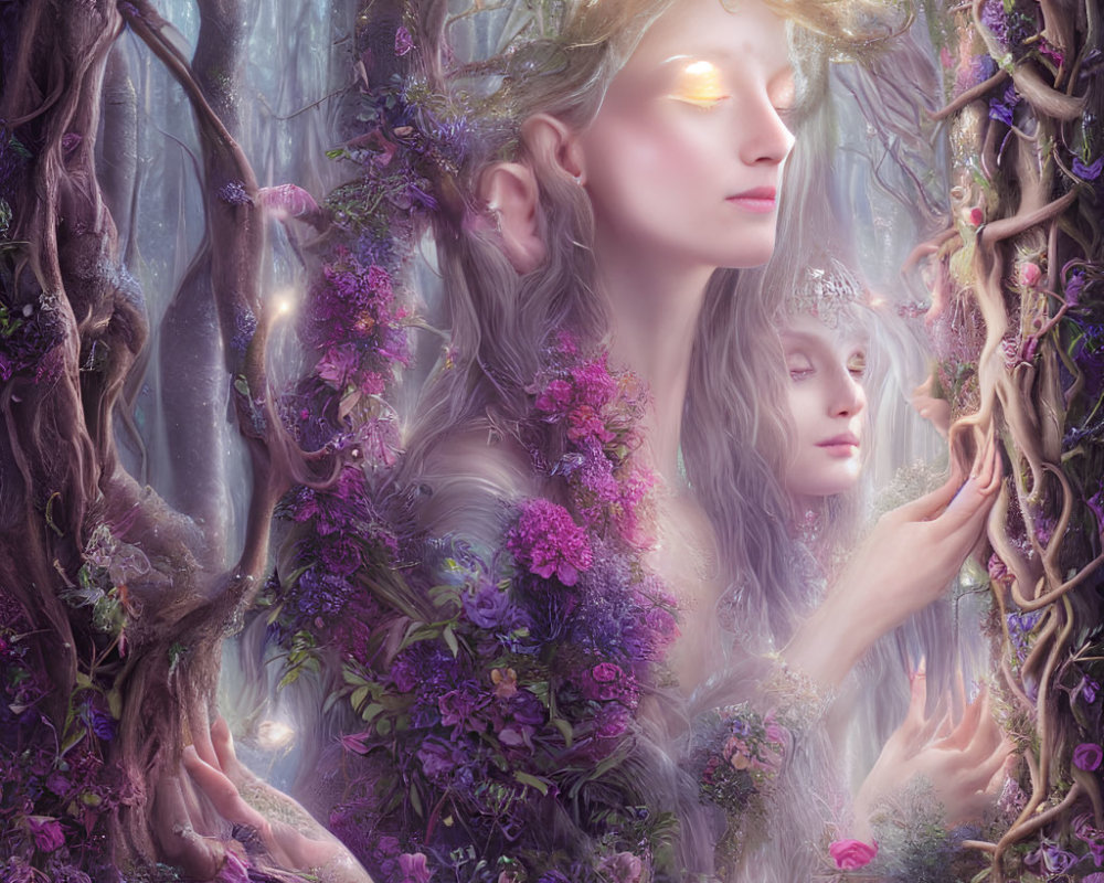 Glowing woman in mystical forest with purple flowers and twisted trees