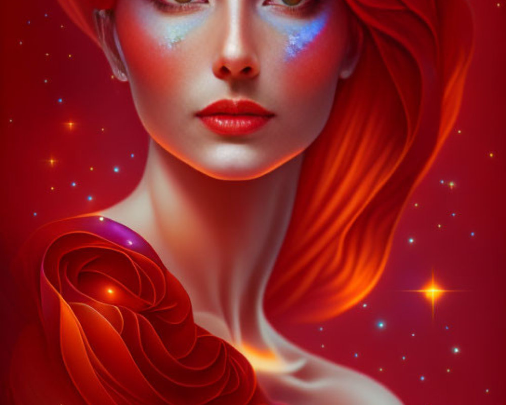 Vibrant red hair and blue makeup in digital portrait