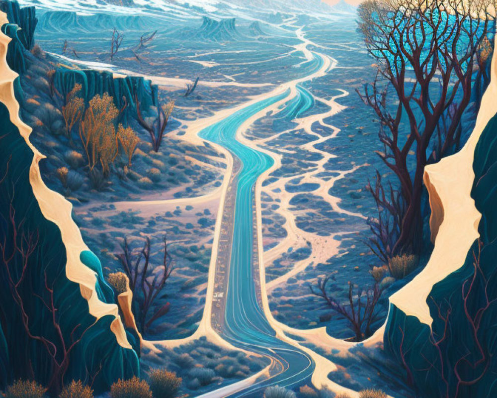 Surreal landscape with winding river, autumn trees, icy mountains